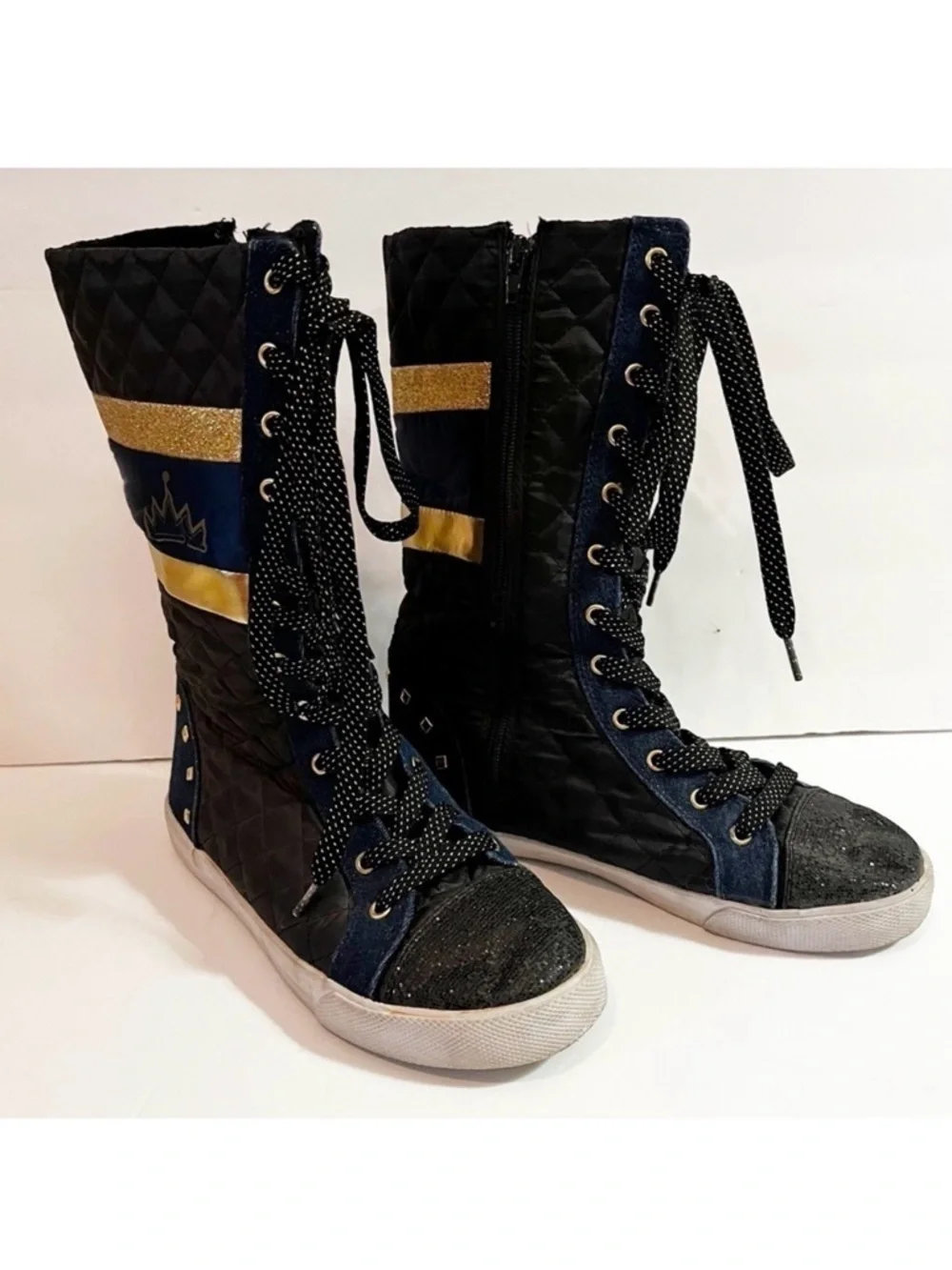 Disney D-Signed Girls Boots Blue Crown Sz 5 Black Sparkle Lace Tall Descendants